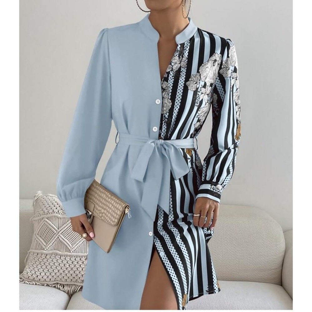 SHEIN CURVE Colorblock Striped Floral Shirt Dress Belted Button Down Size 1XL